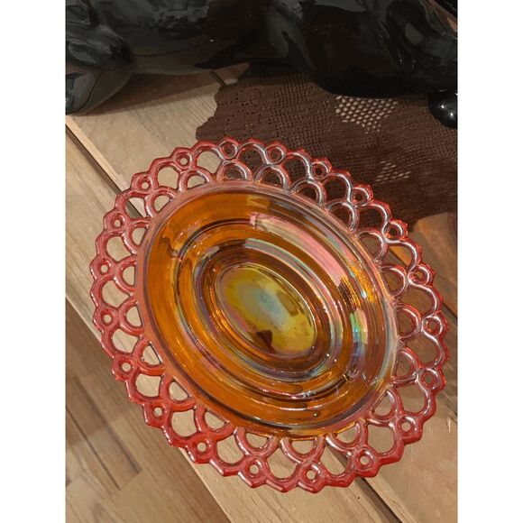 Large Marigold Carnival Glass Turkey on Nest Dish – Lace Edge Trinket Box – Moss - Picture 2 of 6